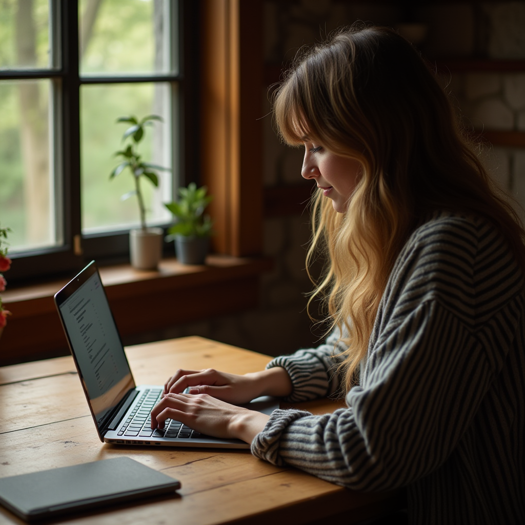 A person is typing on a laptop at a wooden table next to a window with plants on the sill.