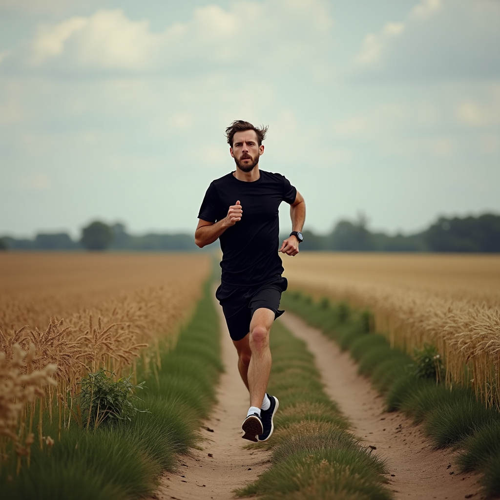 A man in athletic wear is running energetically along a narrow dirt path bordered by tall golden wheat fields under a partly cloudy sky.