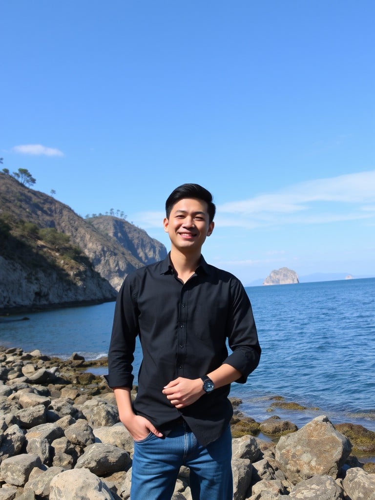 A person smiling by a rocky shoreline under a clear blue sky.