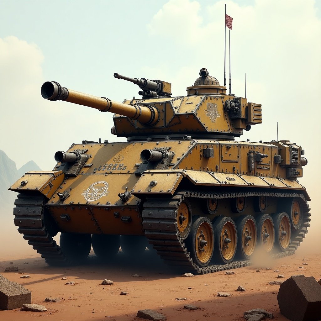 This image features a main battle tank reflecting an industrial imperial design. It belongs to the Stalphad Armaments Company of the fictional Balelith Empire. The tank showcases a robust structure with intricate detailing and a striking yellow color. Surrounding the tank, a sandy terrain with distant mountains can be seen, highlighting its military context. The tank appears to be in an environment suitable for battle or display, invoking a sense of power and strength.