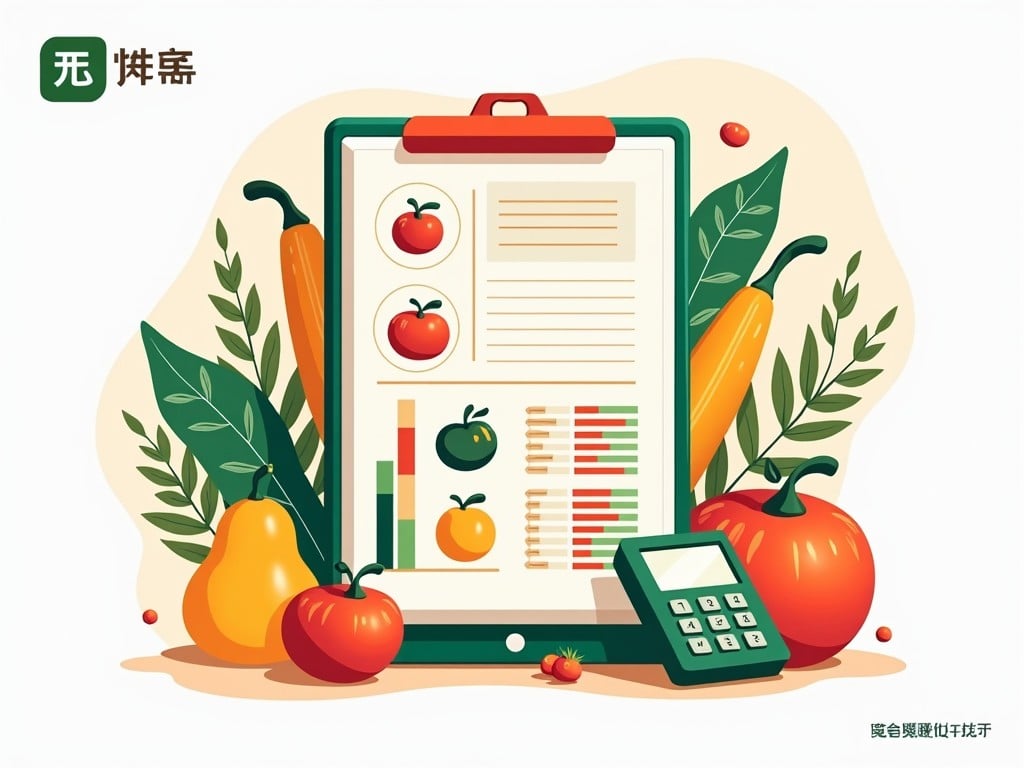 The illustration features a vibrant digital clipboard or tablet filled with statistical data related to food. Surrounding the tablet are various fresh vegetables, including tomatoes, peppers, and a pear. The colors are bright and inviting, making the scene look lively and fresh. A calculator is also present, suggesting the theme of nutritional calculations. The overall design is attractive and could appeal to audiences interested in cooking, health, or nutrition.