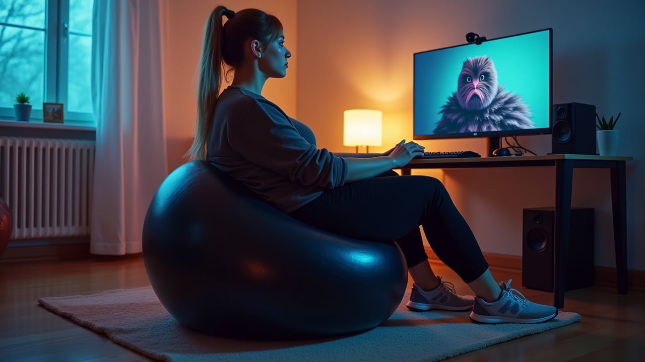 The image features a plus-size Danish woman sitting on a shiny black deflated yoga ball in her gaming room. She is wearing a cozy grey outfit and headphones, fully immersed in playing on her computer. The room is equipped with two monitors displaying vibrant game graphics. Natural light filters in through the windows, contributing to a warm atmosphere. This setup highlights a modern and comfortable gaming environment, showcasing diversity in the gaming community.