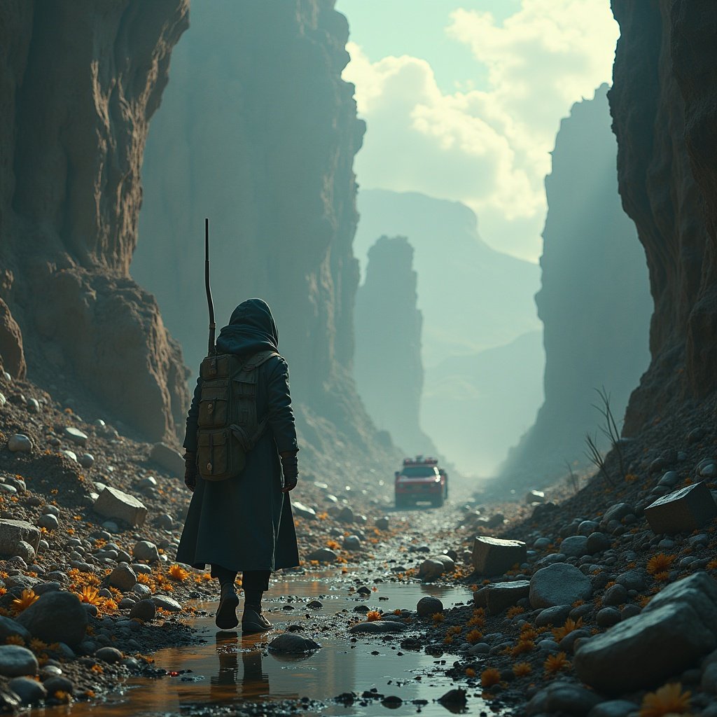 This image depicts a futuristic traveler from the year 2150 standing alone in a dramatic canyon. The scene is chaotic, featuring ruins of buildings in the distance and hints of advanced flying vehicles above. The traveler, dressed in a rugged outfit, carries a backpack and a staff, giving a sense of resilience and determination. The atmosphere is hazy, enhancing the feeling of a world in disarray. Tall canyon walls tower on either side, creating a narrow path filled with rocks and sparse vegetation, highlighting the struggle for survival in this desolate landscape.