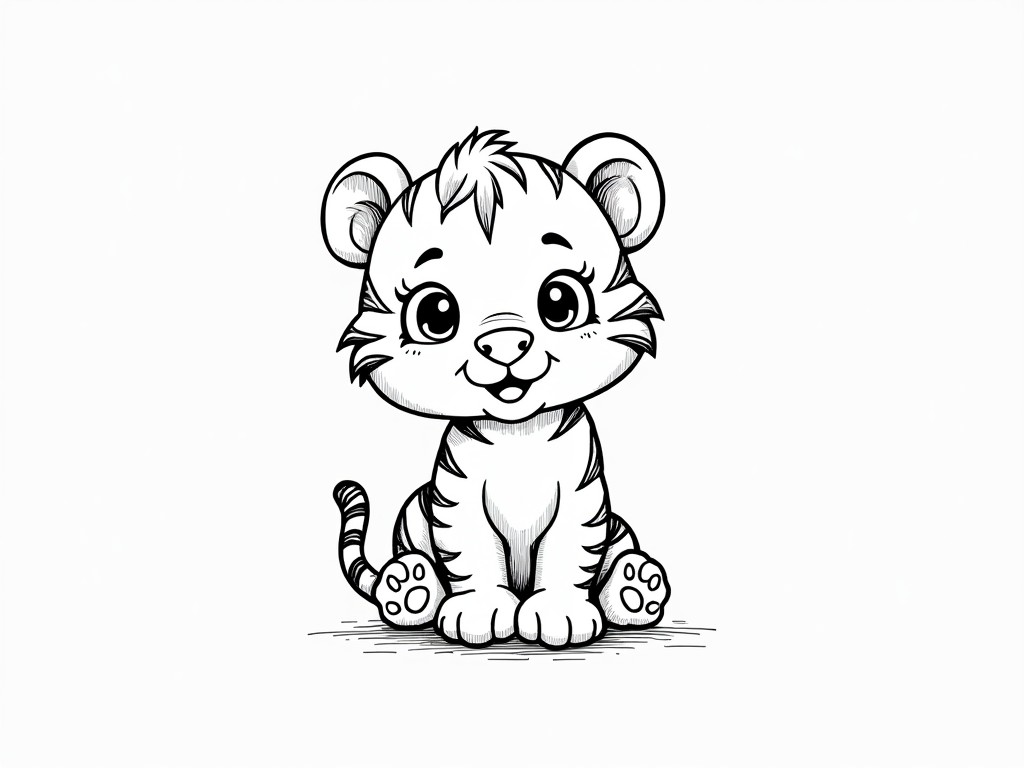 This is a charming illustration of a cartoon tiger cub, featuring a cute and approachable design. The cub is depicted with large, expressive eyes and a cheerful smile that adds to its endearing appearance. The sketch utilizes a black-and-white palette to emphasize its playful and whimsical nature.