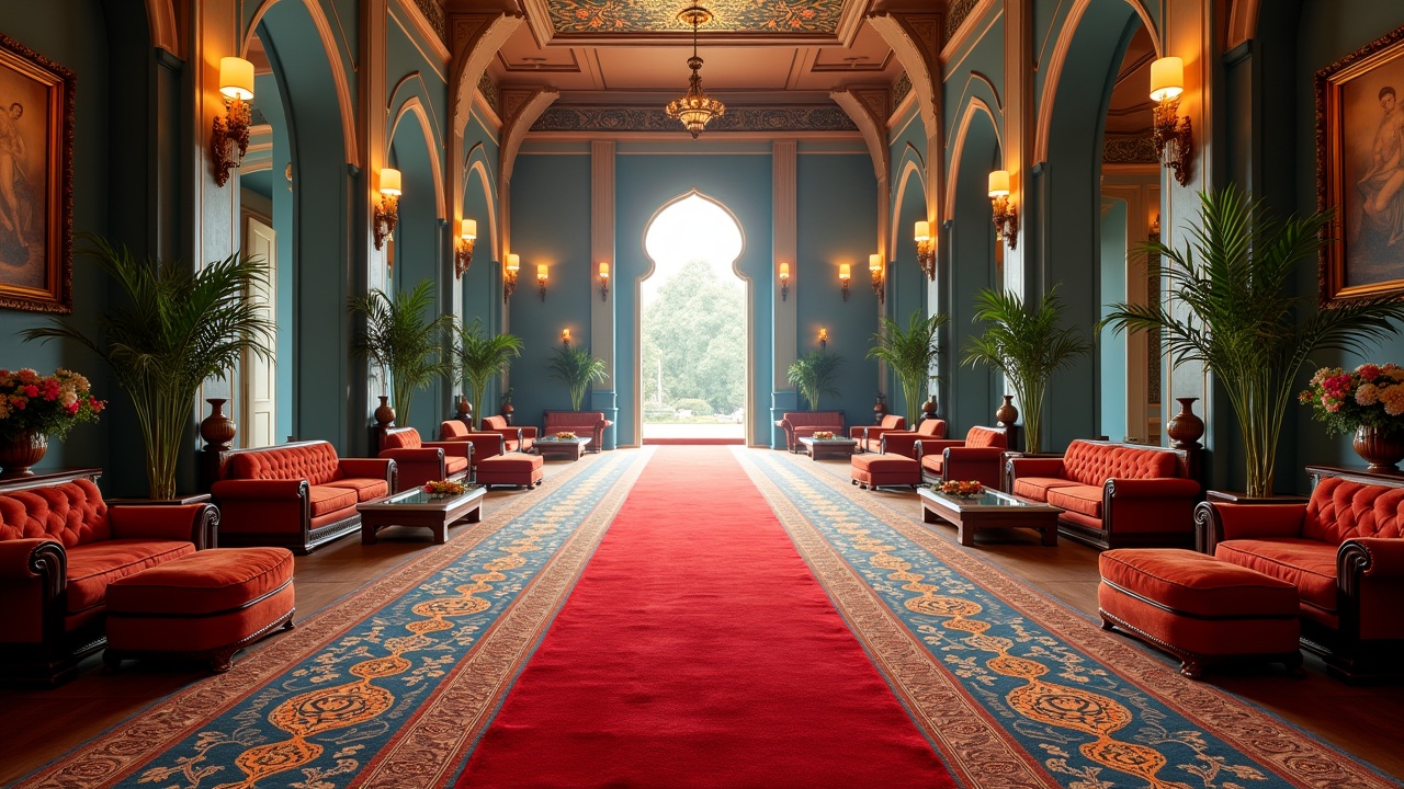 A luxurious palace hallway with arched doorways, elegant red couches, a central red carpet, and decorative plants lining the sides. Soft, ambient lighting enhances the rich blue walls adorned with paintings and ornate designs.