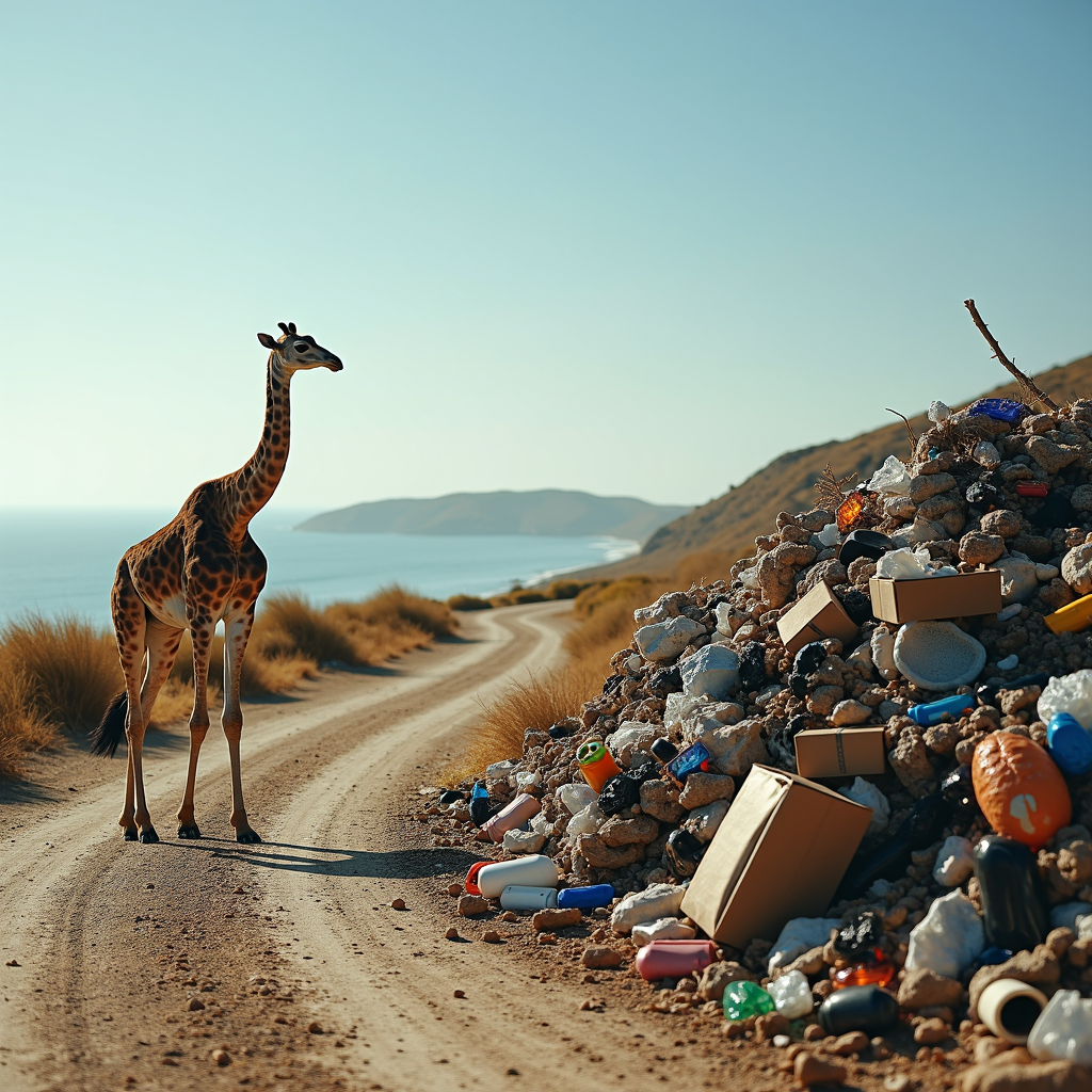 A giraffe stands on a coastal dirt road beside a large pile of scattered trash and debris.