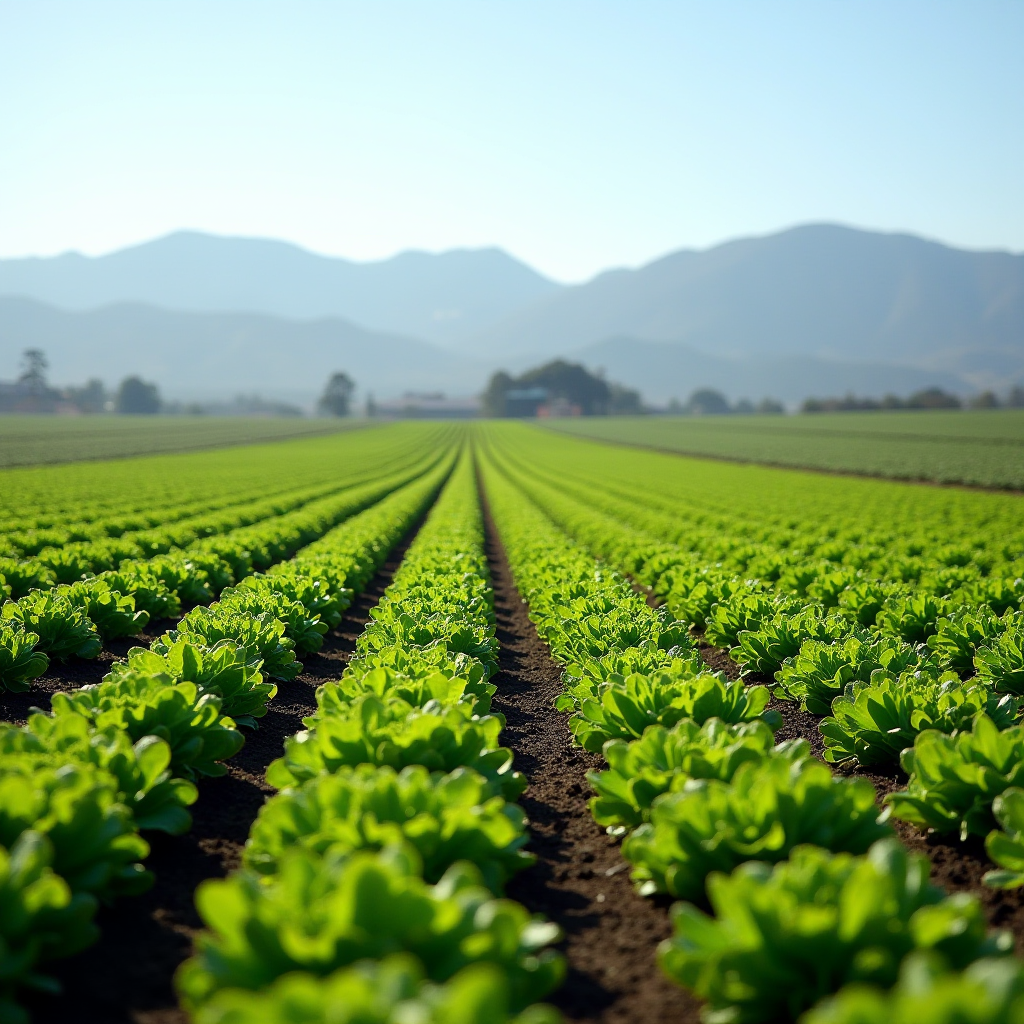 Bright green rows of lettuce stretch to the horizon, with mountains in the background under a clear sky.