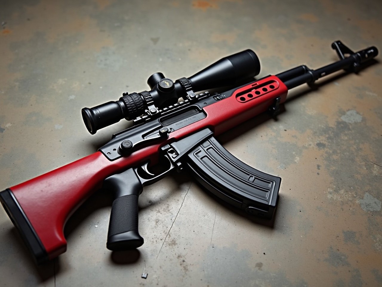 This image showcases a modern rifle featuring a sleek red and black color scheme. The rifle is equipped with advanced attachments, including a precision scope, enhancing its functionality. Its design emphasizes a tactical aesthetic, making it appealing to firearm enthusiasts. The background is neutral, ensuring the focal point remains on the rifle. This visually striking firearm could be featured in various contexts, from promotional material to enthusiast content.