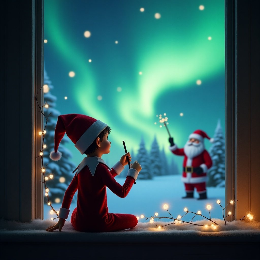 A cozy Christmas scene featuring an elf on the shelf with his back facing the viewer, looking up into the night sky. He is using a magical wand to write the name 'Matheo' among the twinkling stars. The background showcases a breathtaking display of northern lights illuminating a snowy landscape. In the distance, Santa Claus cheerfully waves with a festive air. The window is adorned with soft glowing lights, creating a warm and inviting atmosphere. This enchanting scenario captures the magic and joy of the holiday season.