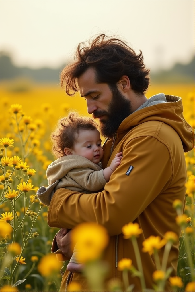 A person lovingly holds a child in a field of yellow flowers.