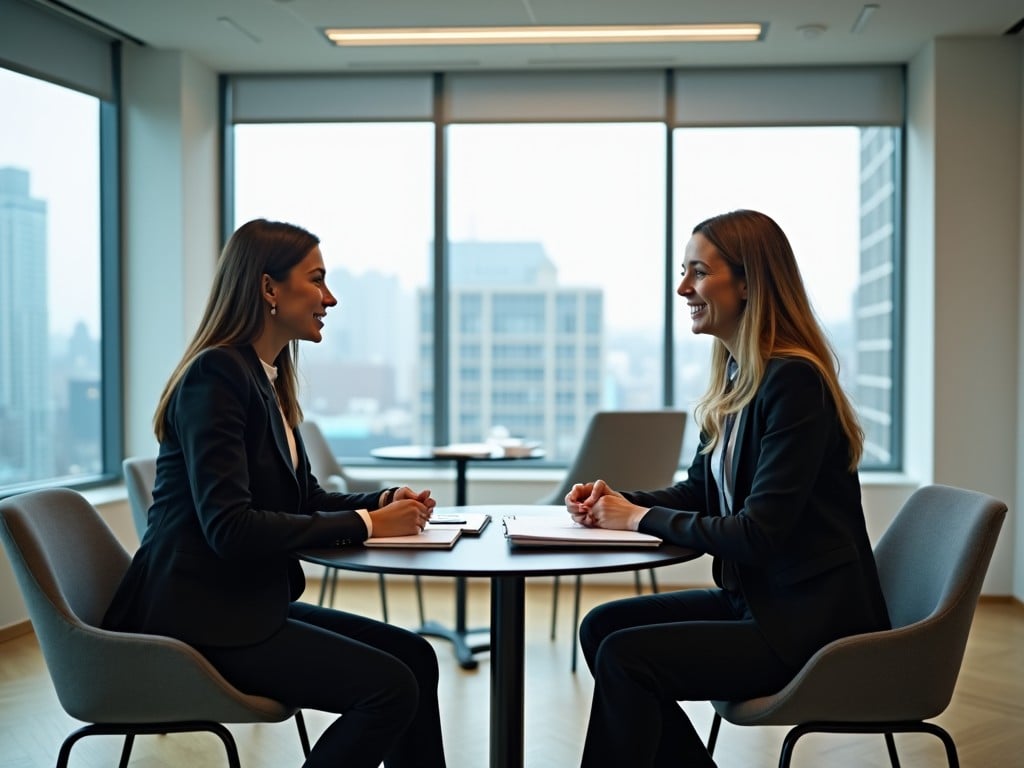 two professional women in a business meeting in a modern office setting with large windows and a city view in the background