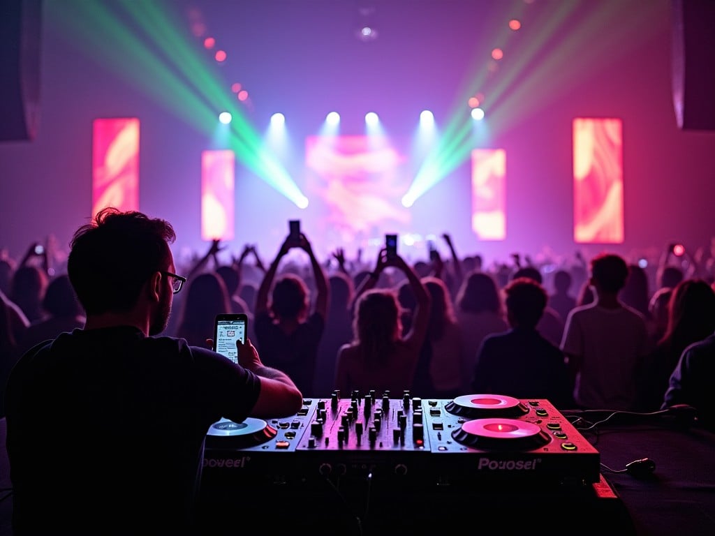 This image captures the electric atmosphere of a concert featuring a DJ set. The foreground shows DJ equipment with vibrant turntables, suggesting a live music experience. In the background, a colorful crowd can be seen silhouetted against a stage illuminated by laser lights. The audience is engaged, with many holding up their phones to capture the moment. The overall vibe is lively, representing the excitement of electronic dance music festivals.