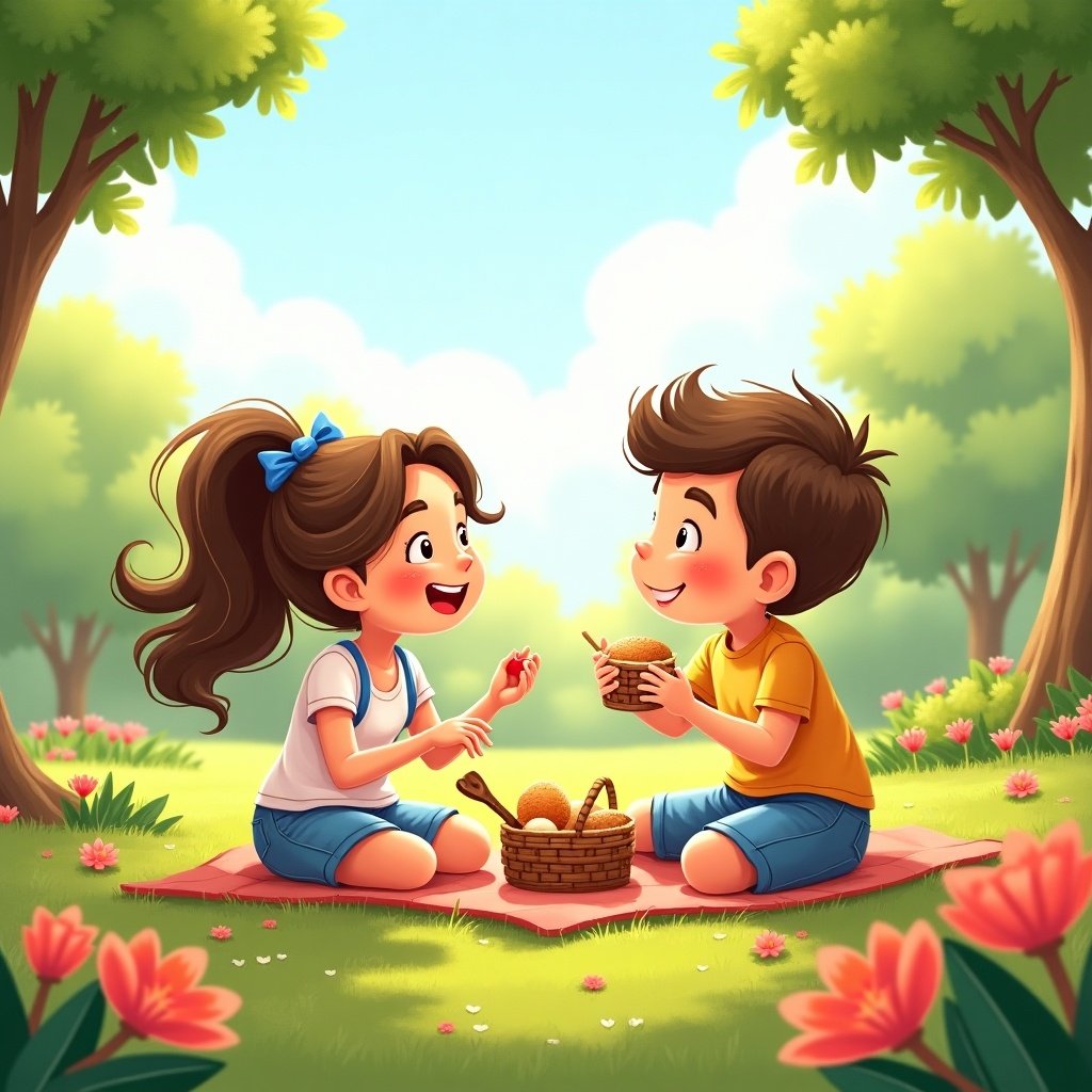 Two children, Julianna and Grayson, enjoy a cheerful picnic together in a lush green park. They are sharing delicious treats from a picnic basket, sitting on a blanket surrounded by blooming flowers. Julianna is smiling joyfully, while Grayson looks delighted. The sun shines softly through the trees, adding warmth to the scene. Both children are dressed comfortably for playing outdoors. This scene captures the essence of friendship and happiness during a fun day outside.