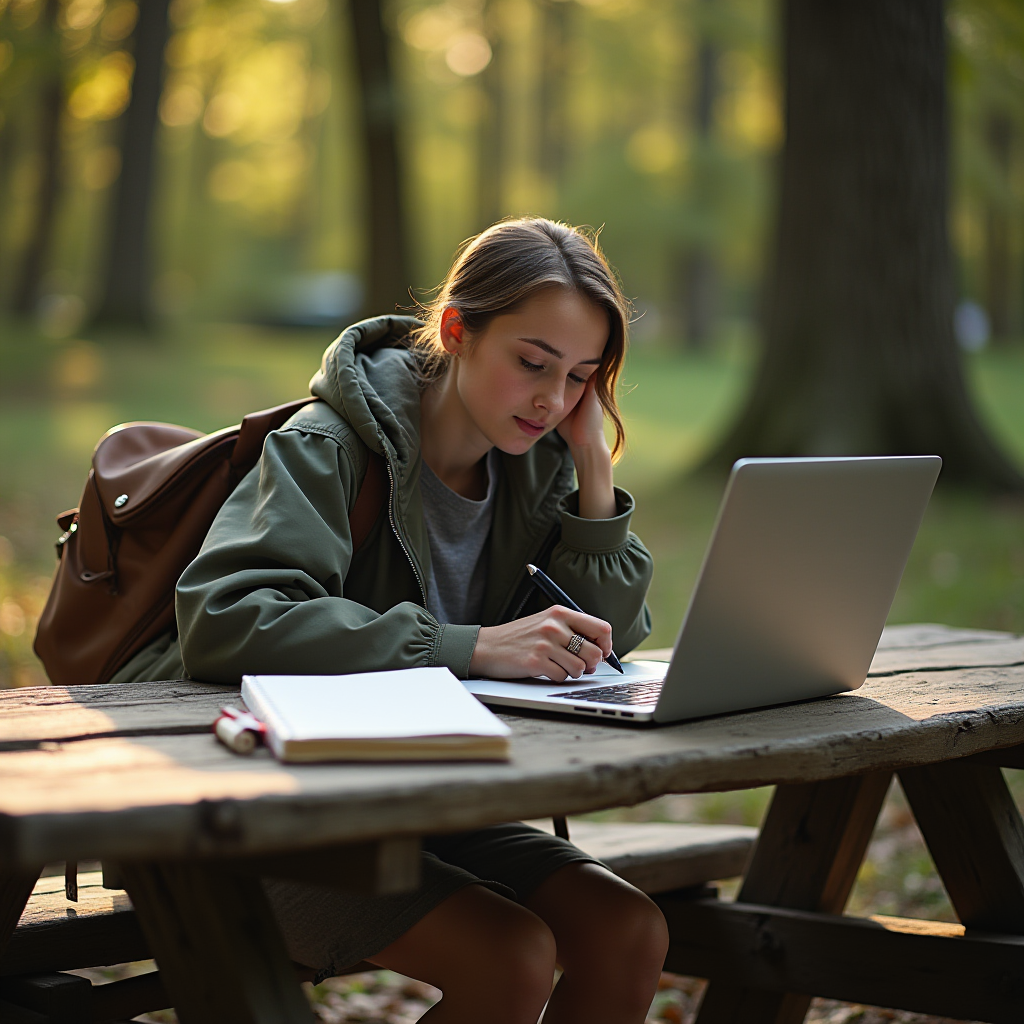 A person focused on writing at an outdoor picnic table with a laptop and notebook in a tranquil park setting.