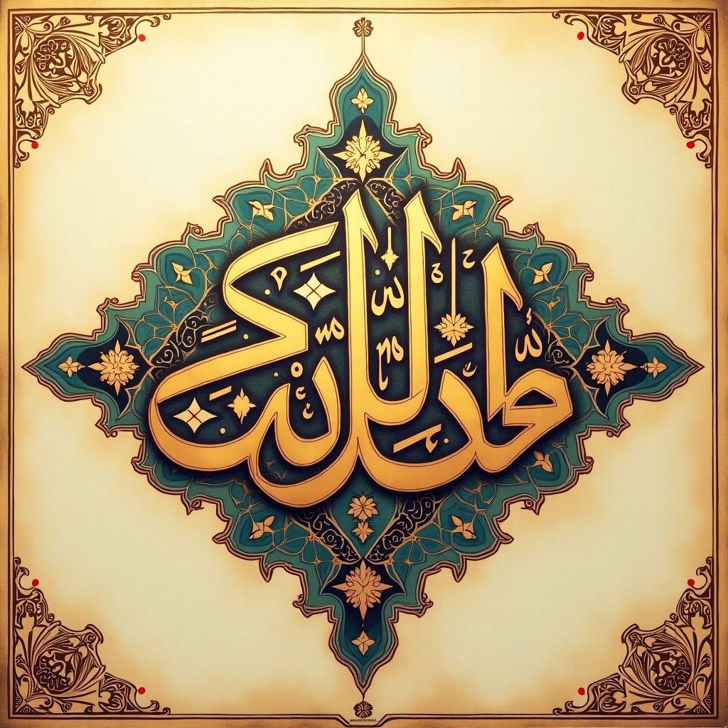 This image showcases an ornate Islamic calligraphy featuring the phrase 'الله عظيم' which translates to 'Allah is Great'. The calligraphy is adorned with intricate designs and floral motifs, set against a rich teal and gold backdrop. The style reflects traditional Islamic art, characterized by its detailed craftsmanship. The warm lighting enhances the decorative elements of the text and background. This artwork is a great representation of cultural and spiritual significance, suitable for various decorative purposes.