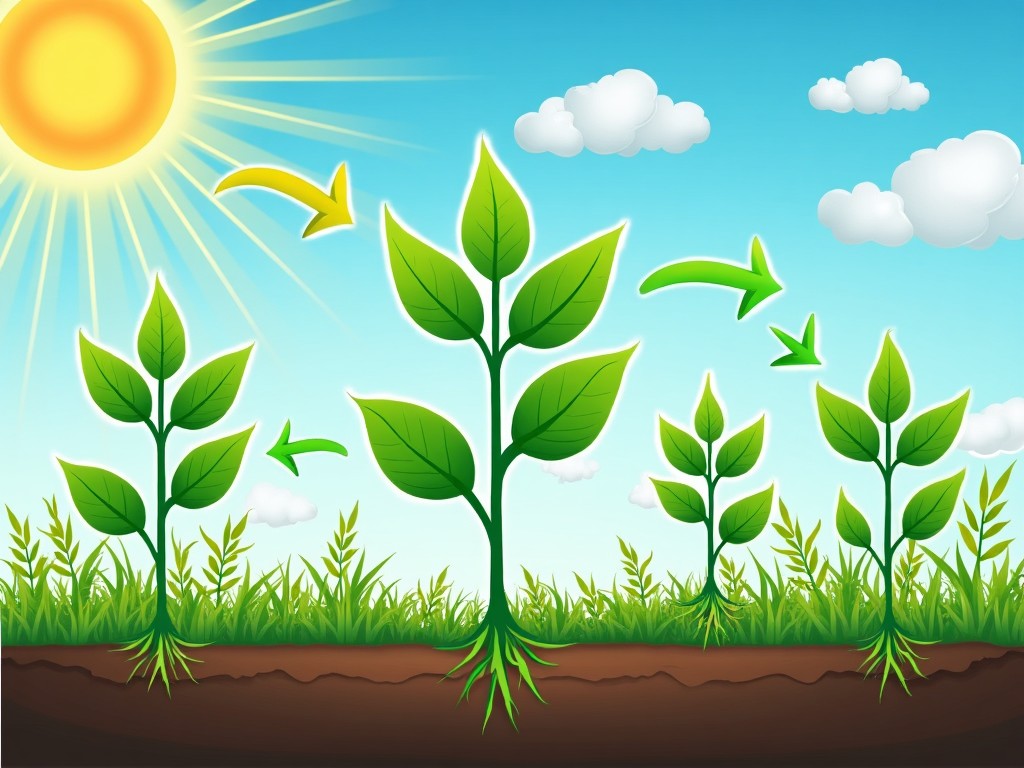 The image vividly illustrates the process of photosynthesis in plants. It features a bright, sunny sky with a large sun and fluffy clouds. In the foreground, multiple plants with lush green leaves are depicted, showcasing their growth stages. Arrows indicate the movement of sunlight and energy, emphasizing the role of sunlight in plant life. The soil is visible, representing the nutrients that support plant health. Overall, the image visually captures the essence of plant growth and photosynthesis.