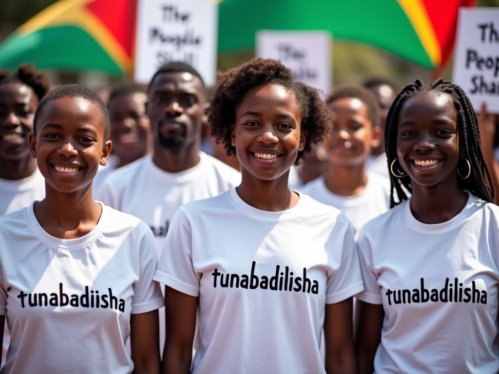 A group of diverse young people smiling at a community event, wearing t-shirts with 'tunabadilisha' written on them, vibrant flags in the background, daytime setting.