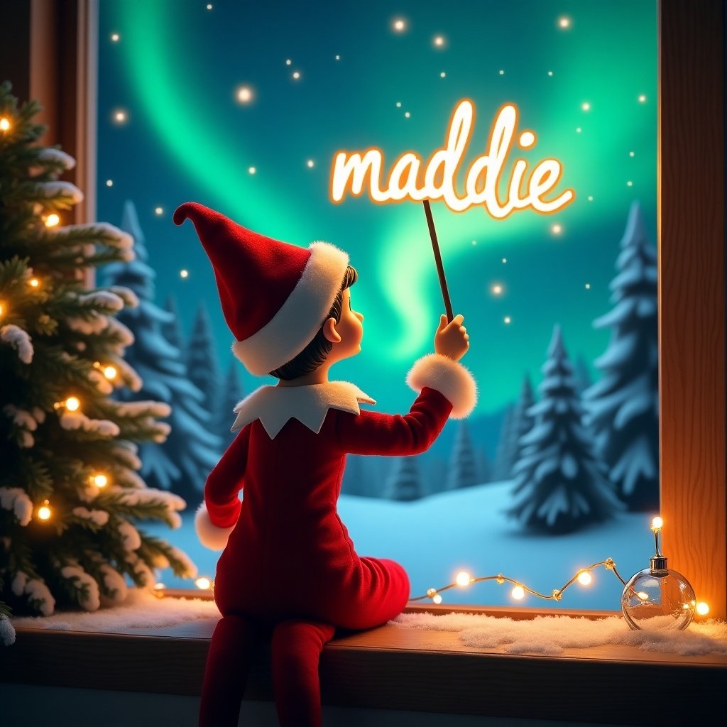 An enchanting Christmas scene features a girl elf on the shelf who is facing the sky with her back to the viewer. Dressed in red and white, the elf wields a magic wand, writing 'maddie' in a glowing script above her. The backdrop showcases vibrant northern lights that add to the magical ambiance. This festive scene embodies the spirit of Christmas with a whimsical twist. The position and action of the elf create a sense of wonder and excitement, capturing the joy of the holiday season and adding a touch of magic to the atmosphere.