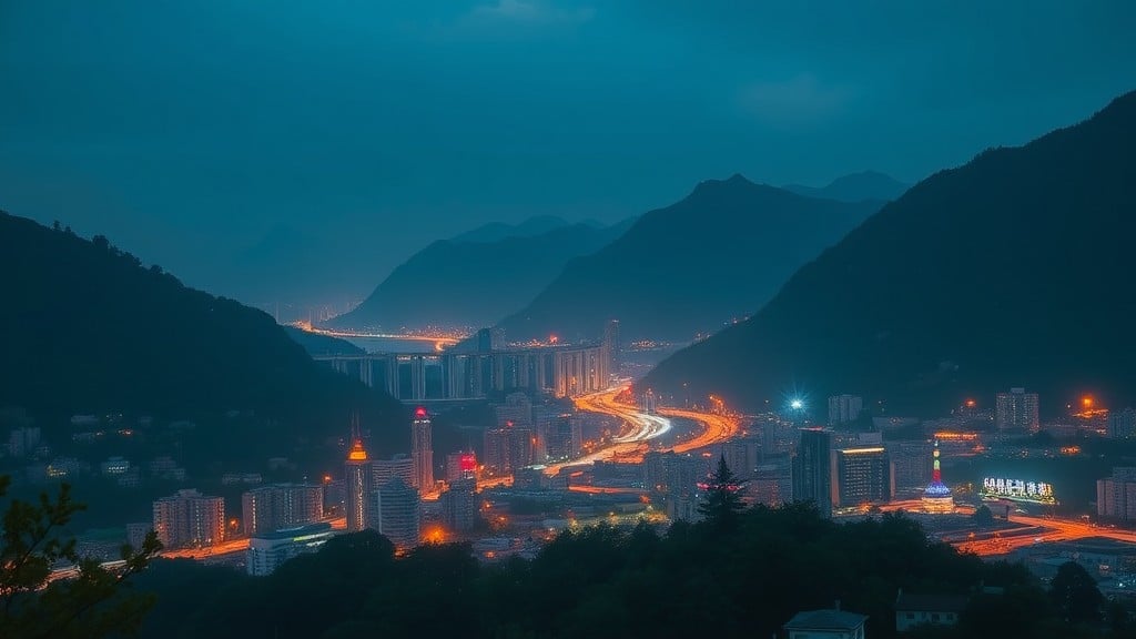 A vibrant cityscape at dusk with illuminated buildings and a winding road through mountainous terrain.