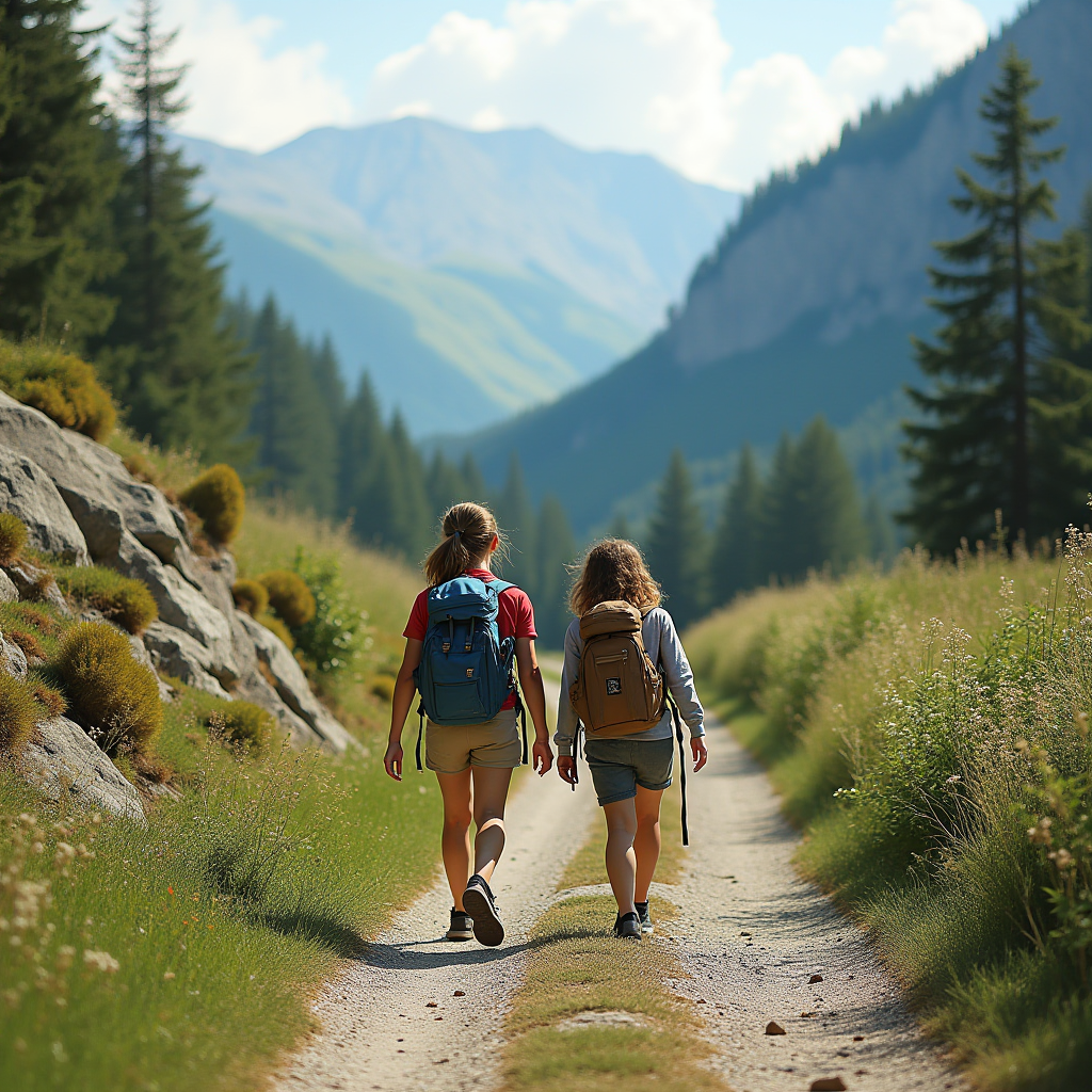 Two people with backpacks are walking along a scenic mountain path surrounded by trees and grass.