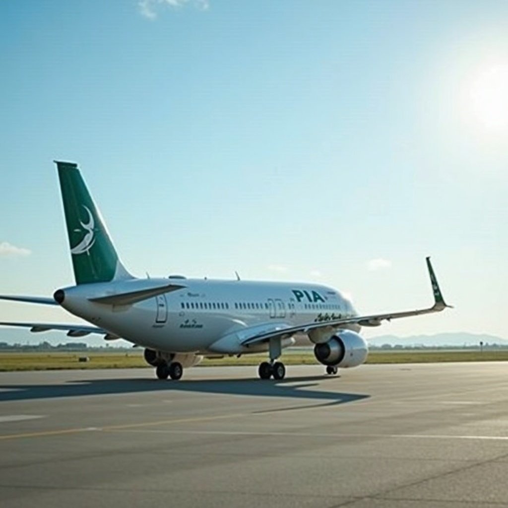 an airplane on a runway with clear sky and sunlight