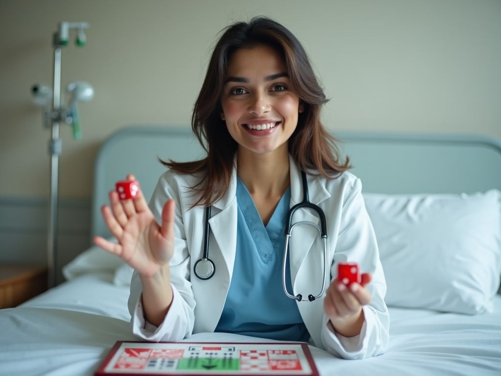 A smiling healthcare professional with dark hair in a hospital room holding two red dice, wearing a stethoscope, sitting on a hospital bed with a board game in the background, bright and cheerful setting.