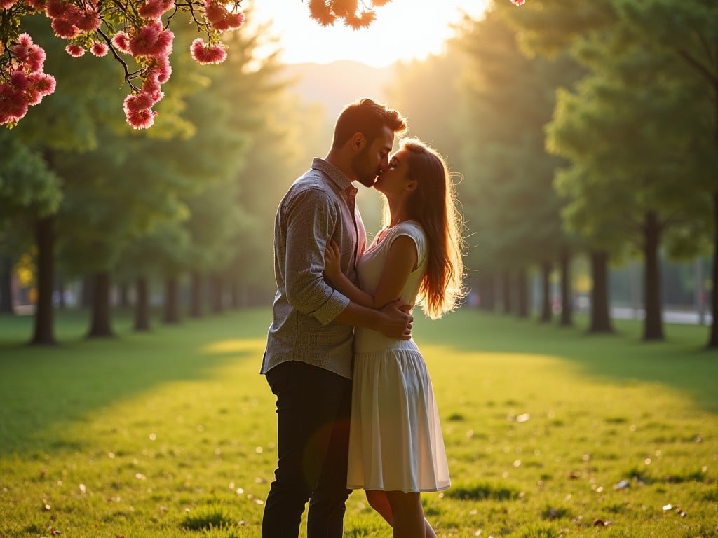 A romantic scene in a lush green park where a couple is sharing a kiss. The sunlight filters softly through the trees, creating a warm and inviting atmosphere. The couple stands close, embracing each other, immersed in their moment of love. The background reveals tall trees, adding to the peaceful setting. The image captures the essence of romance and tranquility.