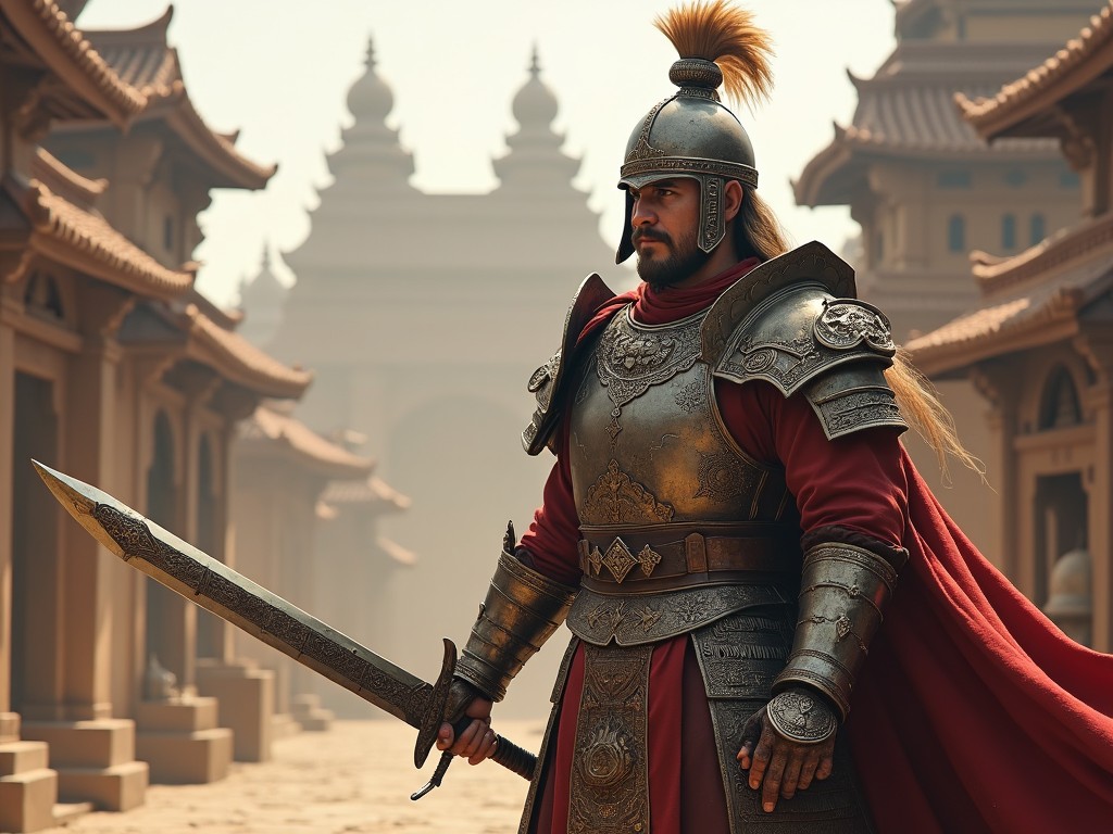 The image depicts an ancient warrior standing in a historical city filled with temples. He is dressed in traditional armor, which is intricate and beautifully designed, showcasing his status. The warrior is holding a magnificent sword, ready for battle. The background features grand temple architecture, adding to the sense of history and culture. The overall ambiance conveys power, valor, and a connection to ancient traditions.