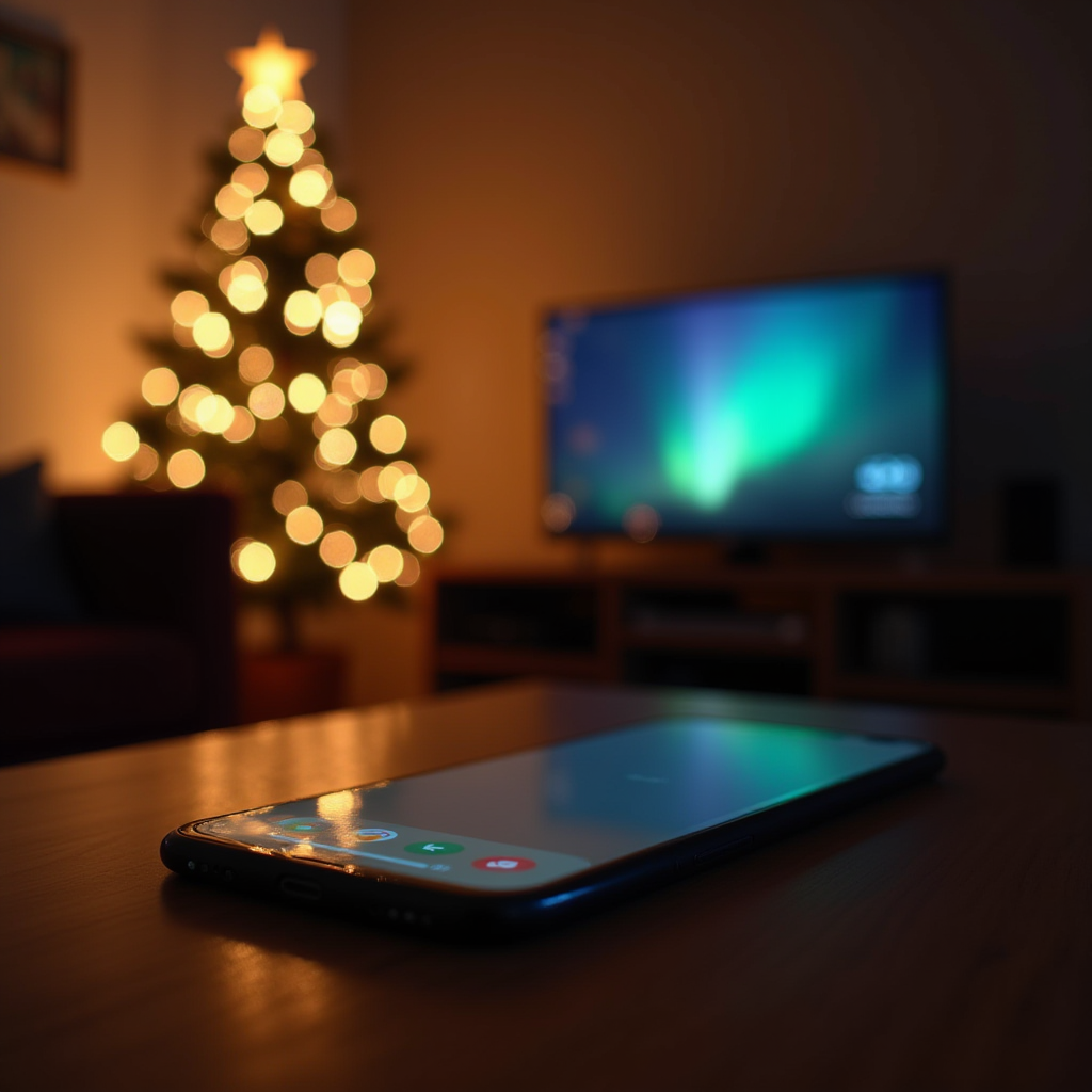 A smartphone on a table with a blurred Christmas tree and TV screen in the background.