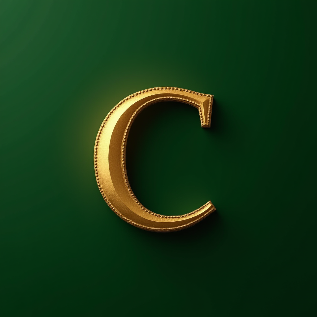 The image showcases a single, ornate golden letter 'C' set against a dark green background. The letter is three-dimensional and seems to be embossed or raised from the surface, giving it a luxurious and elegant appearance. The gold has a polished finish with small, intricate beading along the edges, adding to its decorative quality. The rich green background contrasts with the gold, enhancing its prominence and making the letter stand out sharply in the composition.