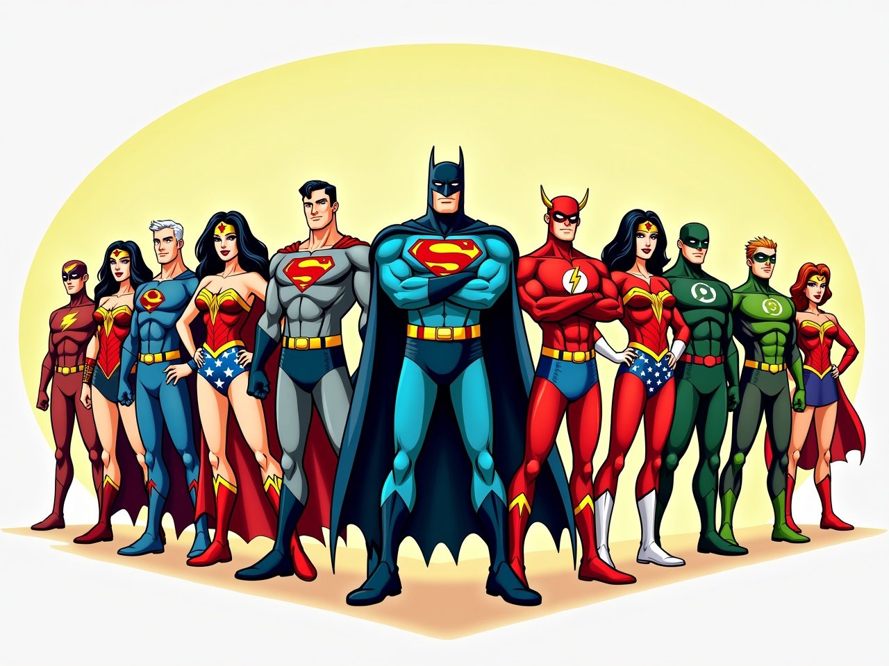 Imagine an iconic comic book-style image featuring beloved DC superheroes gathered together. Each hero stands confidently, showcasing their distinct costumes and powers. The scene is characterized by playful and whimsical elements, with vibrant yet limited colors. All characters are framed within an oval shape, enhancing their sense of unity. The mood is light-hearted and captures the essence of classic comic book art.