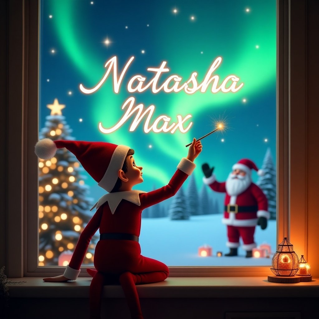 The image features an elf on the shelf sitting by a window, facing the sky with its back to the viewer. It is using a magic wand to write the names 'Natasha' and 'Max' in the air. The background reveals a magical Christmas scene with festive decorations, including a Christmas tree and glowing northern lights. Santa Claus can be seen in the distance, also engaging with the festive spirit. The overall ambiance is warm and cozy, inviting viewers into a holiday dreamscape.