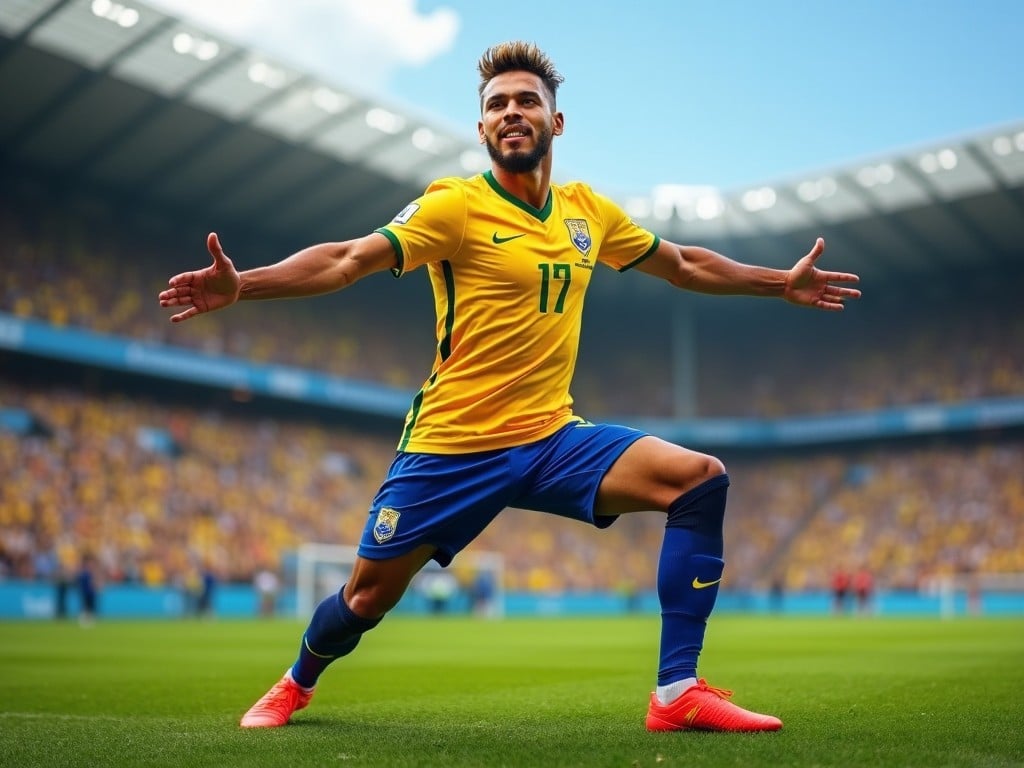 The image showcases a soccer player celebrating a goal in a vibrant Brazilian jersey. He is striking an energetic pose with arms wide open, expressing joy and triumph. The stadium in the background is filled with fans, enhancing the thrilling atmosphere of the moment. The blue sky adds to the brightness of the scene, emphasizing the player's excitement. This image captures the spirit of soccer and the passion associated with the sport.