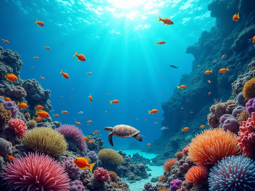 This image captures a vibrant underwater scene featuring a sea turtle gracefully swimming amidst colorful coral reefs and a school of bright orange fish. Sunlight pierces through the water, illuminating the rich hues of the marine life and creating an enchanting, serene atmosphere. The diverse coral structures and fish contribute to the scene's natural beauty and dynamic ecosystem.