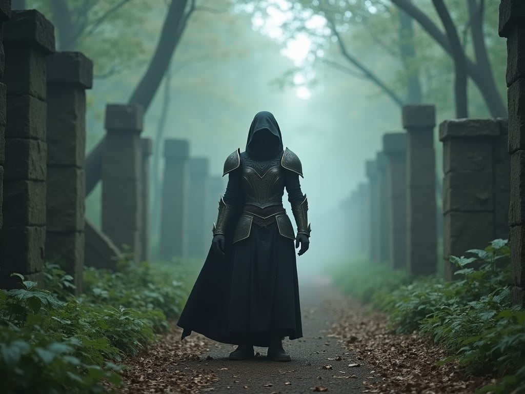 A mysterious figure stands in a foggy forest, surrounded by ancient stone columns. The figure is clad in intricate armor and wears a dark hood that obscures their face. This scene evokes a sense of adventure and intrigue. The forest is lush and green, with soft light filtering through the trees. The path is covered with leaves, leading deeper into the mystical surroundings.