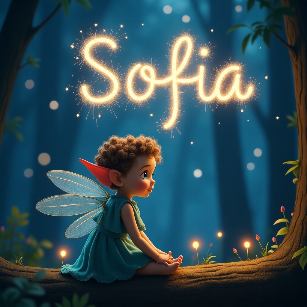 Create an enchanting scene of a little girl pixie elf with short, curly hair and big blue eyes, sitting quietly in a woodland setting under a night sky. The atmosphere should feel magical and whimsical, with twinkling stars in the background. Have the name 'Sofia' beautifully written in the sky with sparklers, glowing softly and illuminating her surroundings. The girl should have delicate fairy wings and wear a charming dress. Include gentle flowers and soft grass around her, enhancing the dreamlike quality of the scene.