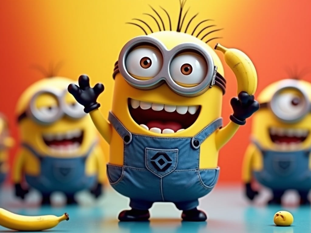 Create a cheerful Minion character standing against a vibrant, colorful background. The Minion should have its trademark yellow color, blue overalls, and single goggle. It is holding a banana in one hand, showing its love for this fruit. The Minion’s eyes are wide open, full of excitement and joy, with a big smile on its face. Additional Minions can be laughing and playing in the background, adding to the lively atmosphere.