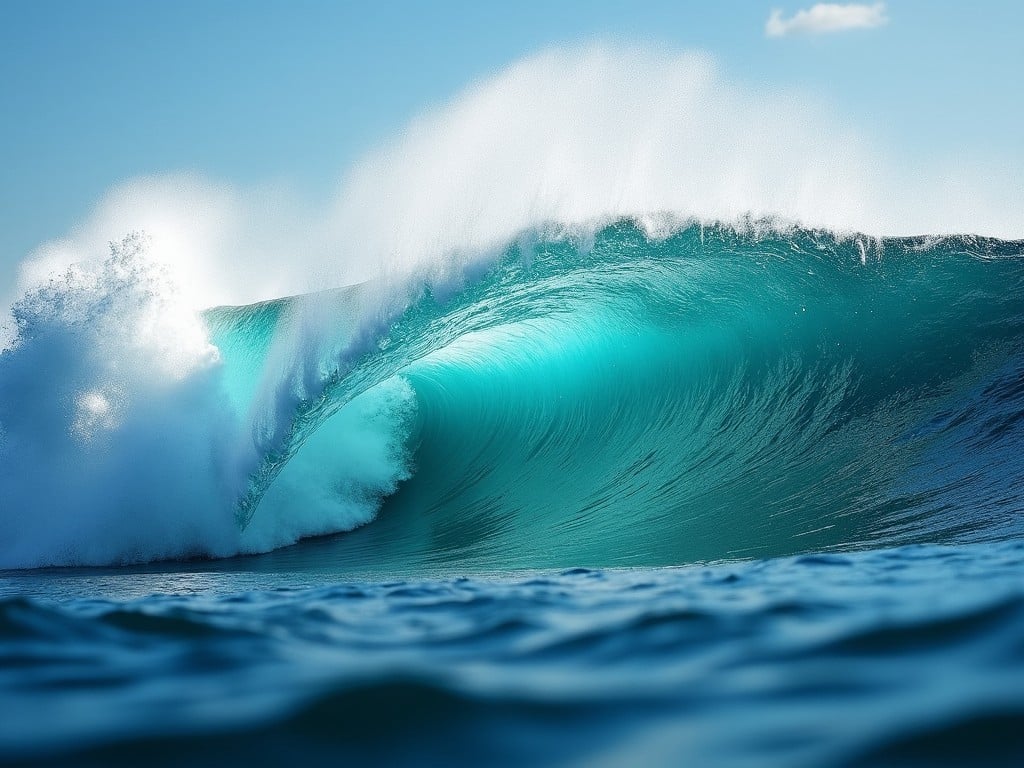 This image captures the stunning beauty of a crashing ocean wave. The turquoise water creates a mesmerizing view as it curls elegantly. The brightness of the sunlight casts a beautiful glow on the wave's surface. The fine mist from the breaking wave adds a refreshing feel to the scene. It's a perfect representation of nature's power and beauty.