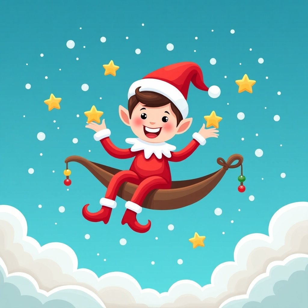 This image features a cheerful elf in holiday attire, complete with a red hat and matching outfit. The elf is sitting on a whimsical sleigh while surrounded by twinkling stars. The background is a bright blue sky dotted with fluffy white clouds. This playful scene evokes a sense of joy and festivity, perfect for the holiday season. The elf's expression is lively and inviting, celebrating the spirit of Christmas.