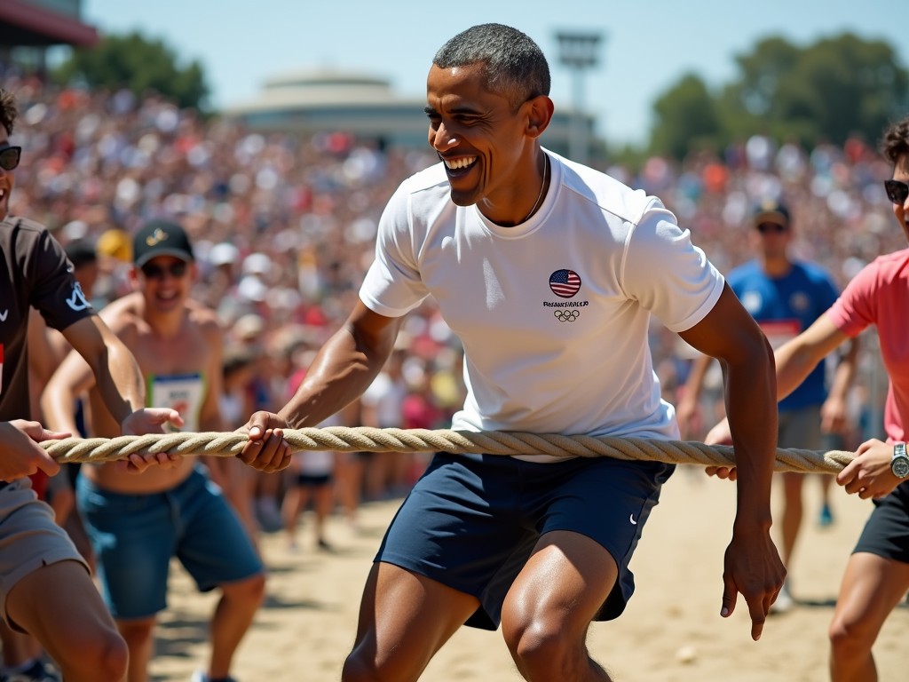 The image captures a lively tug-of-war scene at an outdoor event, with one main participant enthusiastically pulling the rope. The crowd in the background is blurred, highlighting the energy and excitement of the occasion. The participant wears a white athletic shirt with distinctive logos, embodying the spirit of teamwork and competition.