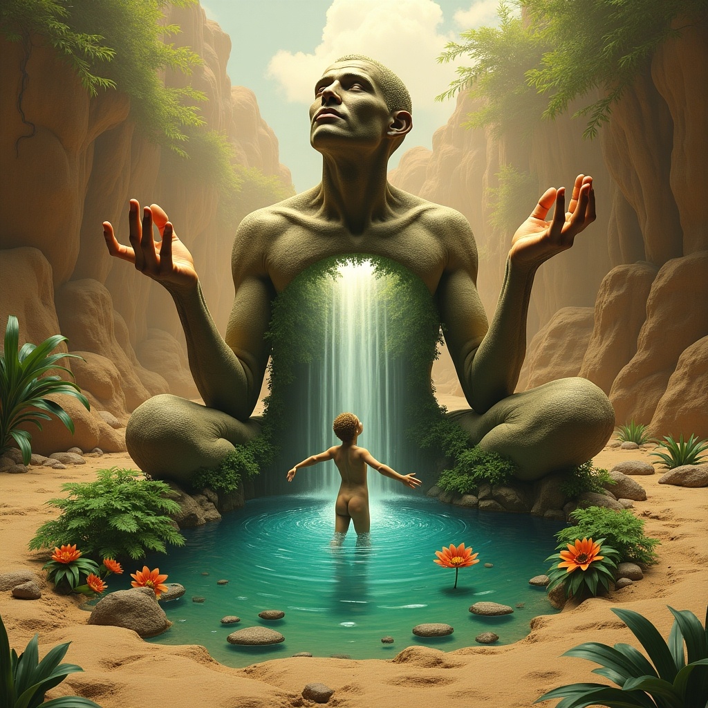 In a barren landscape, visualize a figure with skin resembling parched earth, looking upwards as cracks on its surface reveal a vibrant oasis within. Inside this oasis, a smaller figure dances freely among lush greenery and flowing water, symbolizing the inner sanctuary of freedom and enlightenment. The stark background contrasts with the oasis's vibrancy, while the larger figure's hands gently cup around it, nurturing this inner world. Surrounding the smaller figure, life flourishes, representing the soul's growth once freed from mental constraints. The scene is rich in high-resolution textures, vivid greenery, detailed hand imagery, and dynamic lighting, emphasizing the beauty of the oasis.