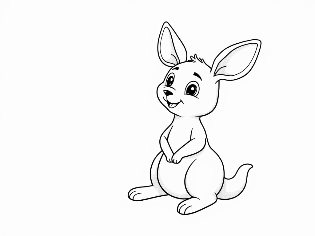 This image is a charming black and white drawing of a small kangaroo, depicted in a cartoon style. The kangaroo is posed sitting with its hands clasped, wide eyes, large ears, and an engaging smile, evoking a sense of joy and friendliness. The simplicity of the monochrome lines enhances its playful character, making it suitable for children's illustrations and educational materials.