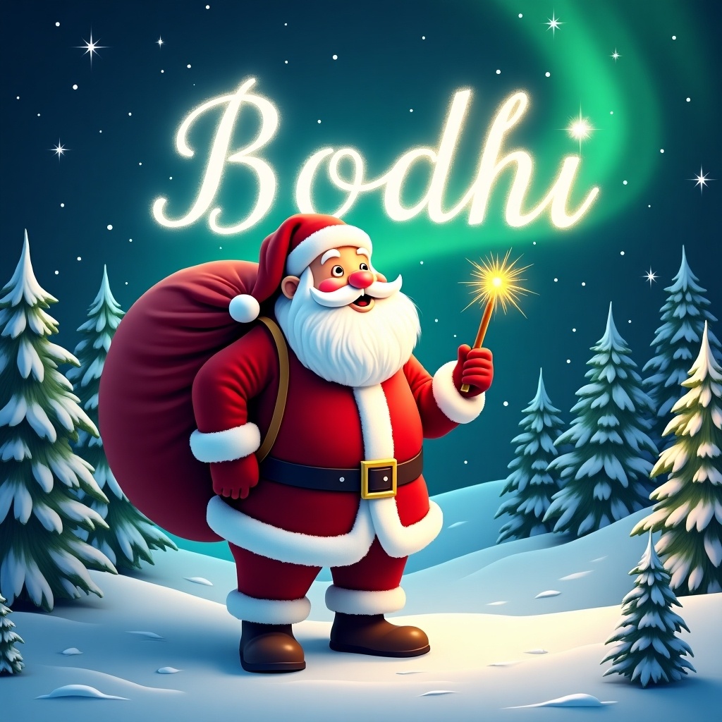 The image features a cheerful Santa Claus standing in a snowy landscape. He has a large red sack slung over his shoulder and is holding a sparkly wand. Santa is dressed in his traditional red and white outfit, complete with a belt and boots. Behind him, the night sky is illuminated with twinkling stars. Pine trees dot the snowy ground, encapsulating a festive winter atmosphere. He is skillfully tracing the name 'Bodhi' in the air as colorful northern lights dance in the sky.