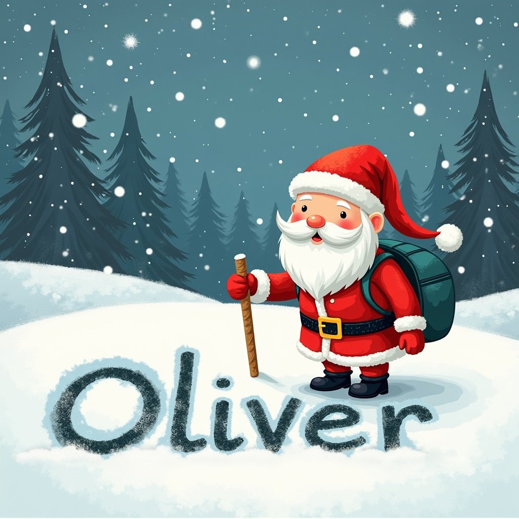 In a snowy landscape, Santa Claus stands cheerfully, dressed in his iconic red suit with a matching hat. He is holding a large backpack and a walking stick, emphasizing his adventurous spirit. The fluffy white snow covers the ground, and Santa is using a stick to write the name 'Oliver' in the snow, creating a personal touch to his holiday cheer. Surrounding him are tall, dark green pine trees, dusted with snow, adding to the winter scenery. Soft snowflakes fall gently around him, enhancing the festive atmosphere.