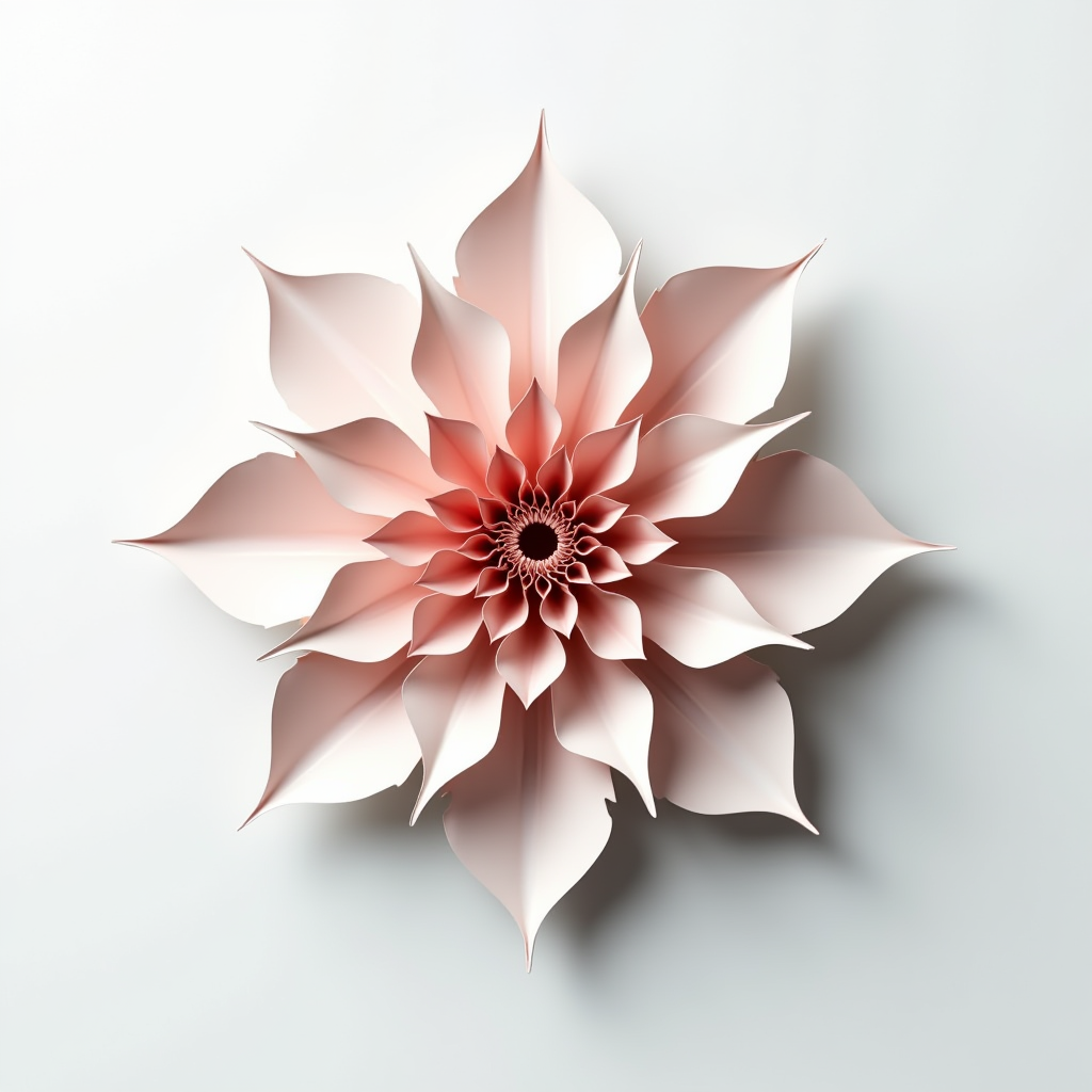 An intricate paper flower design with soft pink and white hues on a minimalist background.