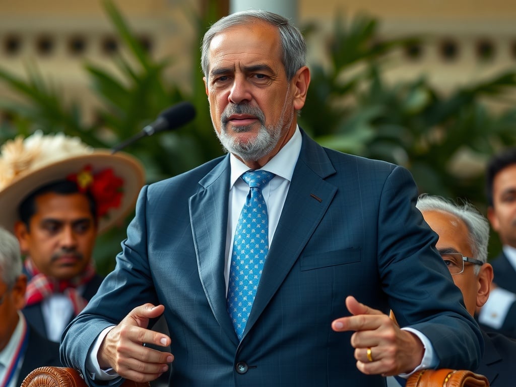 A distinguished man in a suit delivering a speech at an outdoor event.