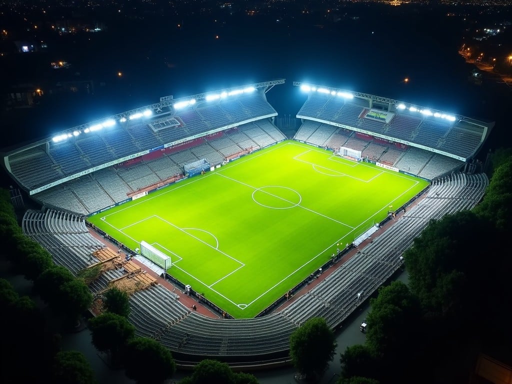 This image showcases an aerial view of a soccer field illuminated by bright stadium lights at night. The lush green grass of the field contrasts beautifully with the white goalposts and markings. Surrounding the field, the empty stadium seats hint at the excitement of past games. The city lights in the background add a dynamic vibe to the scene. This setting is perfect for sporting events and showcases the importance of community athletics.