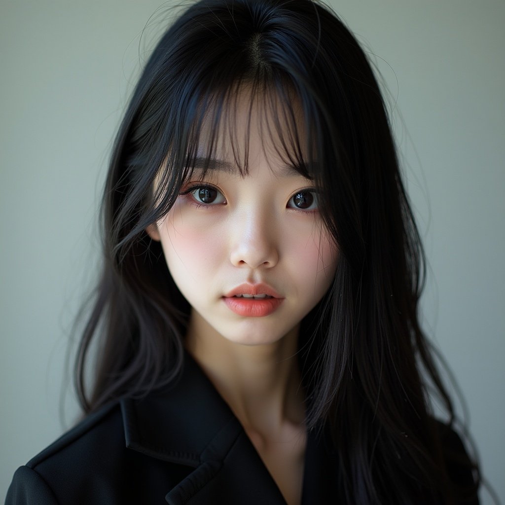 This image features an attractive girl with Korean heritage, sporting long, straight black hair. She has striking black eyes and a pale complexion with subtle makeup, enhancing her natural beauty. The outfit she wears reflects Y2K fashion trends, adding a modern touch to her appearance. The portrait is captured in a way that emphasizes her facial features, with soft, natural lighting that brings out the smoothness of her skin. Overall, the aesthetic is stylish and contemporary, appealing to a youthful audience.