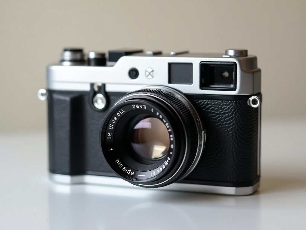 The image showcases a classic rangefinder camera designed with a sleek silver body and a textured black leather grip. The camera features a prominent lens that adds to its aesthetic appeal. It's placed on a clean, light-colored surface, giving it a refined look. Soft, diffused lighting accentuates the details and craftsmanship of the camera. This image captures the essence of vintage photography gear, appealing to enthusiasts and collectors alike.