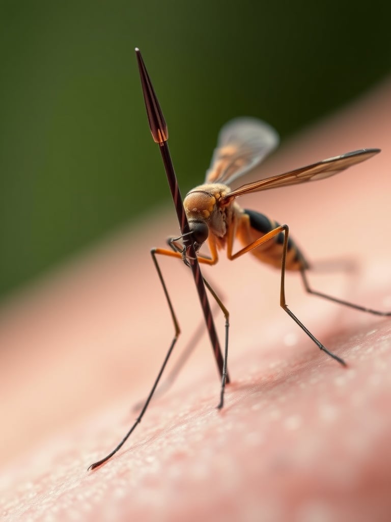 This striking image captures a close-up view of a mosquito in the act of feeding on human skin. The detailed focus emphasizes the intricate anatomy of the mosquito, particularly its elongated proboscis, set against a blurred green background that contrasts with the mosquito's brown and black tones. The image conveys a sense of natural predation and vulnerability, illustrating the delicate balance between humans and insects.